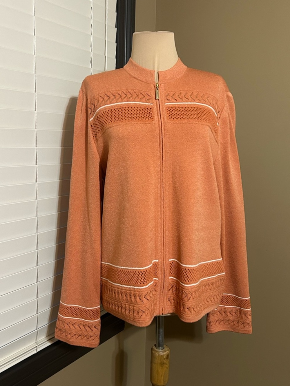 St John Orange White Zip-Front Knit Cardigan with Decorative Trim